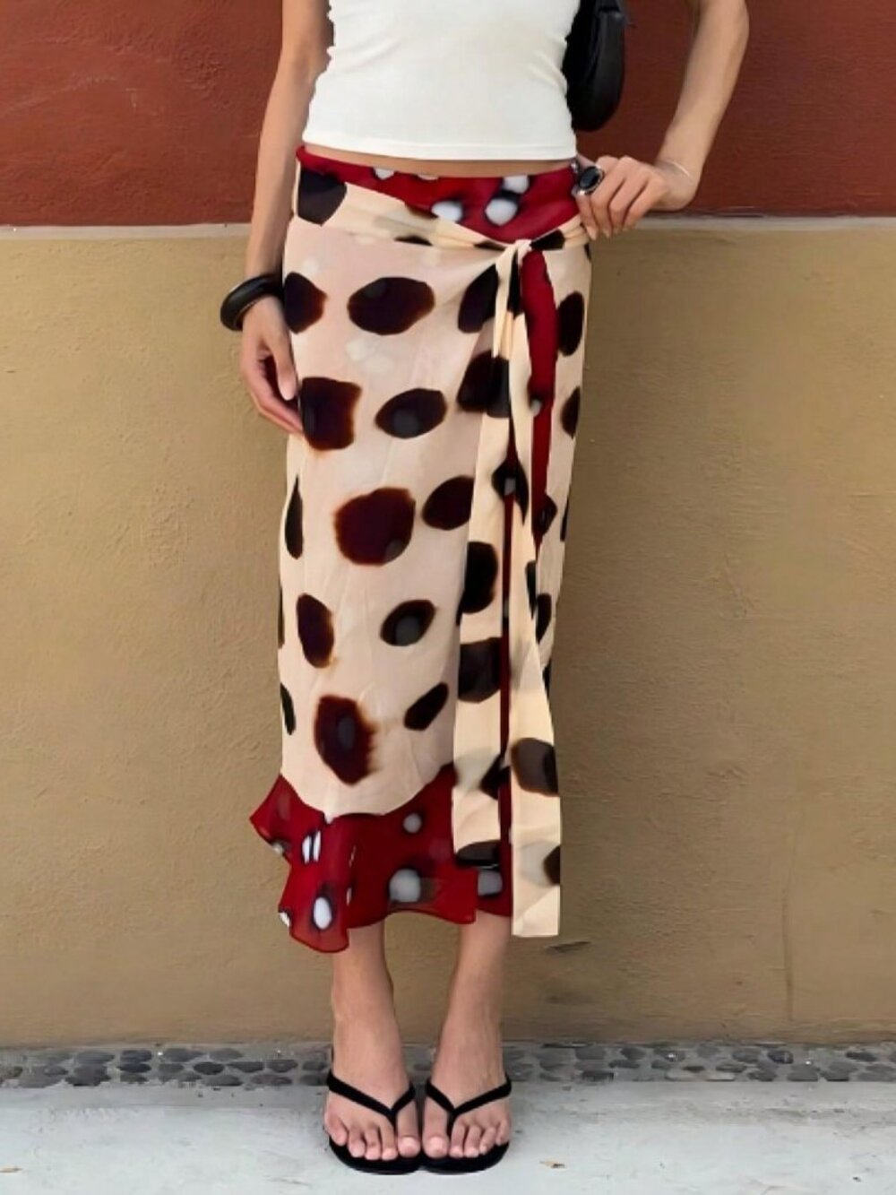 Khaki Casual Women's Polka Dot Wrap Tie Ruffle Bodycon Midi Skirt